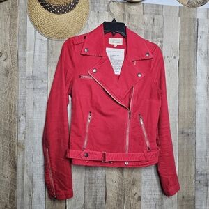 Current Elliott The Biker Long Sleeve Red Denim Jacket With Zipper Crop Sz Small